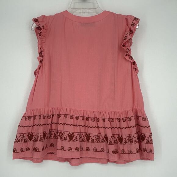 LOFT Floral Embroidered Henley Blouse Pink Peplum Ruffle Boho Feminine Size M - Picture 6 of 10